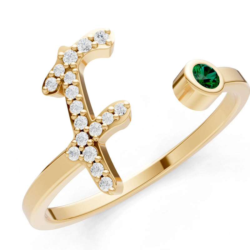 Dainty Initial Letter Birthstone Open Ring – F