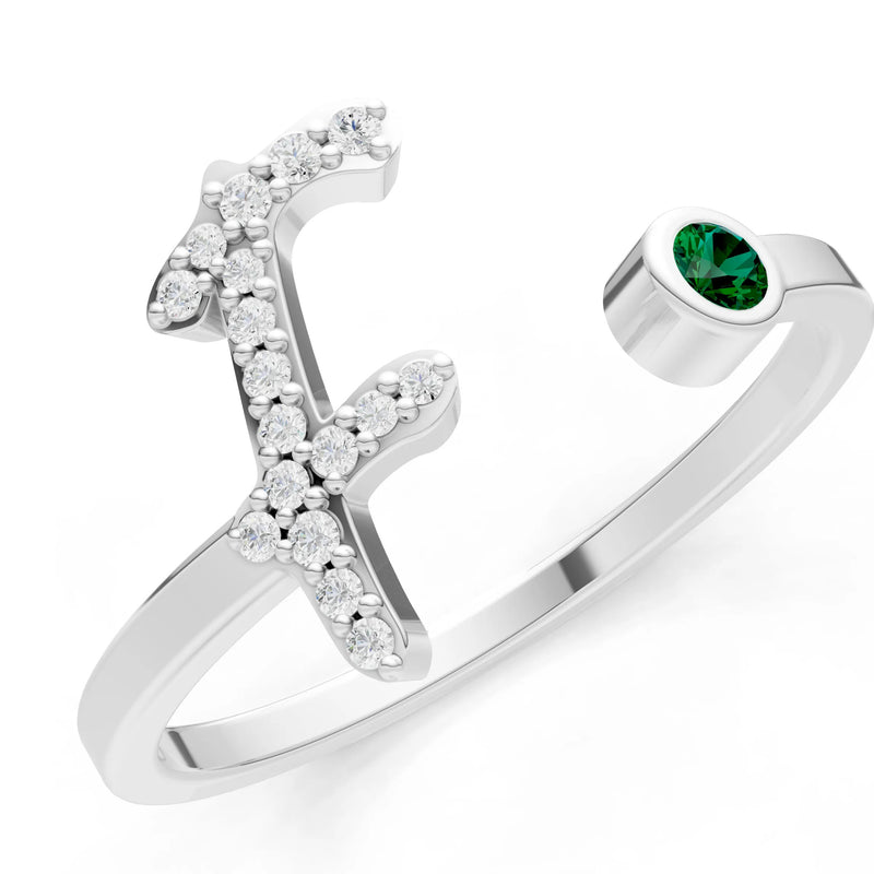 Emerald Dainty Initial Letter Birthstone Open Ring – F