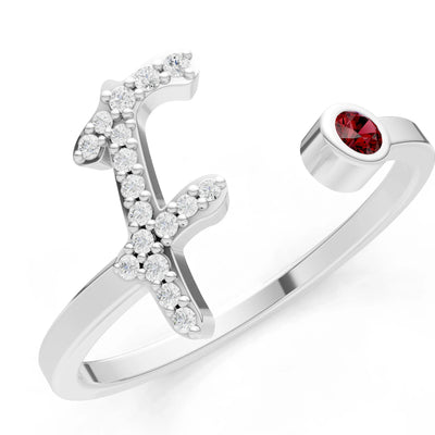 Dainty Initial Letter Birthstone Open Ring – F