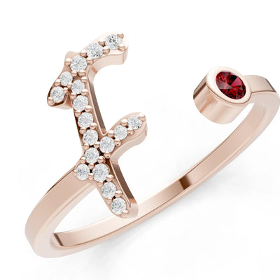 Dainty Initial Letter Birthstone Open Ring – F