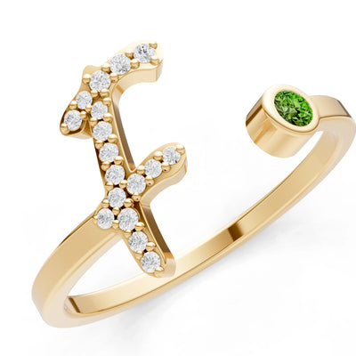 Dainty Initial Letter Birthstone Open Ring – F