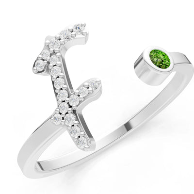 Dainty Initial Letter Birthstone Open Ring – F