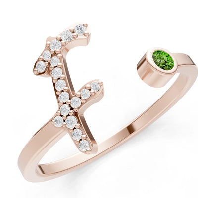 Dainty Initial Letter Birthstone Open Ring – F