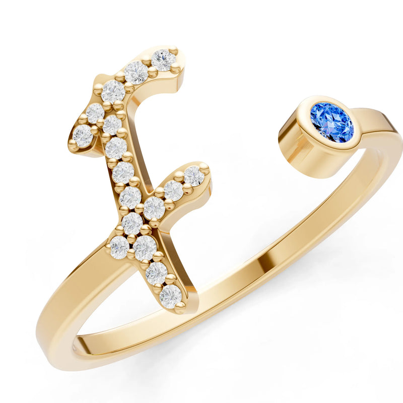 Dainty Initial Letter Birthstone Open Ring – F