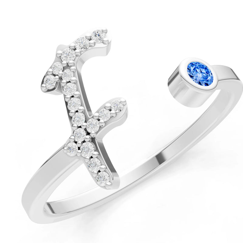Dainty Initial Letter Birthstone Open Ring – F