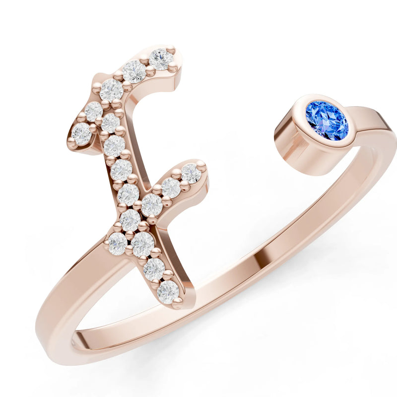 Dainty Initial Letter Birthstone Open Ring – F