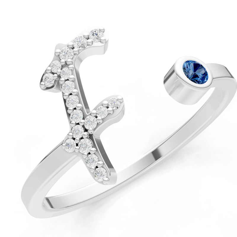 Dainty Initial Letter Birthstone Open Ring – F