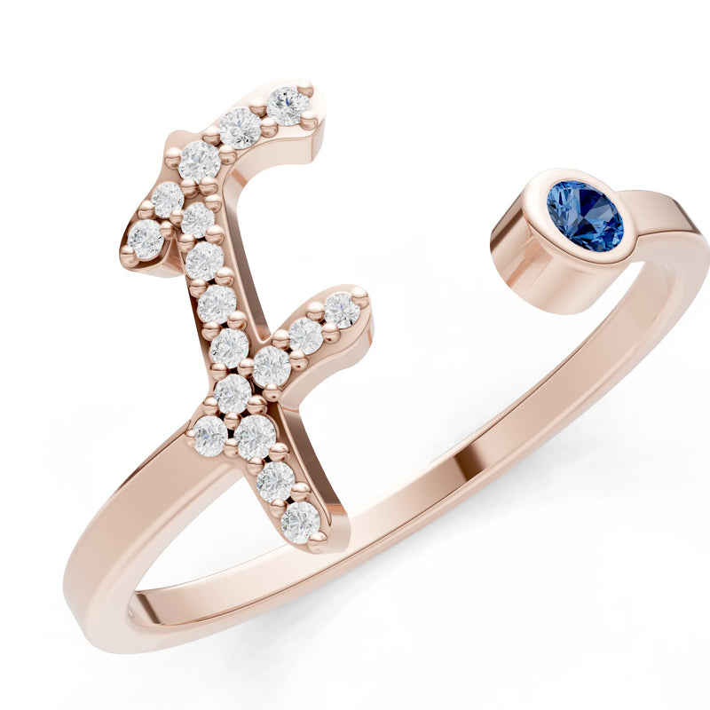 Dainty Initial Letter Birthstone Open Ring – F
