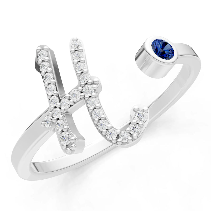 Blue Sapphire Dainty Initial Letter Birthstone Open Ring – H