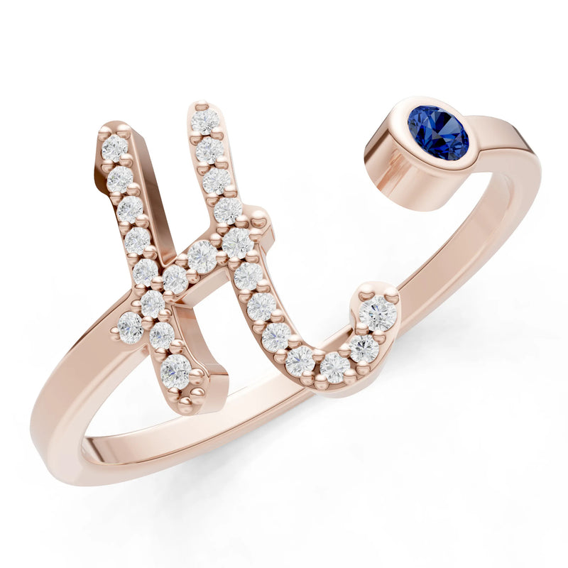 Dainty Initial Letter Birthstone Open Ring – H