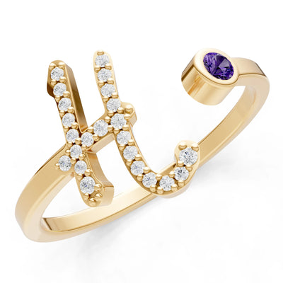Dainty Initial Letter Birthstone Open Ring – H