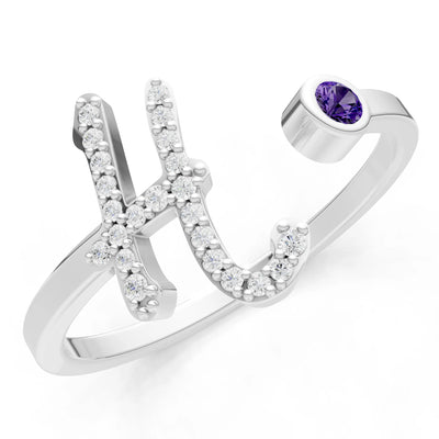 Dainty Initial Letter Birthstone Open Ring – H