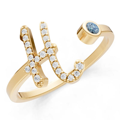 Aquamarine Dainty Initial Letter Birthstone Open Ring – H