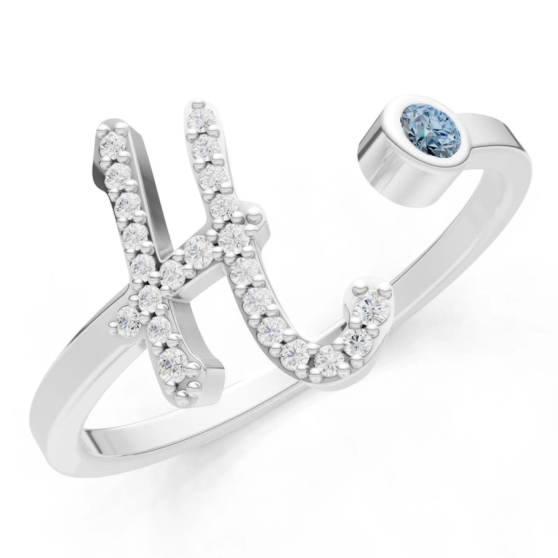 Aquamarine Dainty Initial Letter Birthstone Open Ring – H