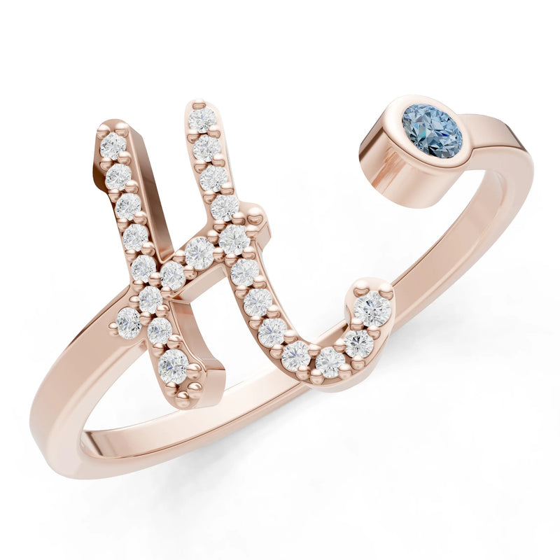 Aquamarine Dainty Initial Letter Birthstone Open Ring – H