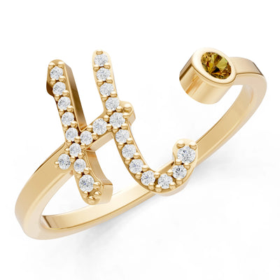Citrine Dainty Initial Letter Birthstone Open Ring – H