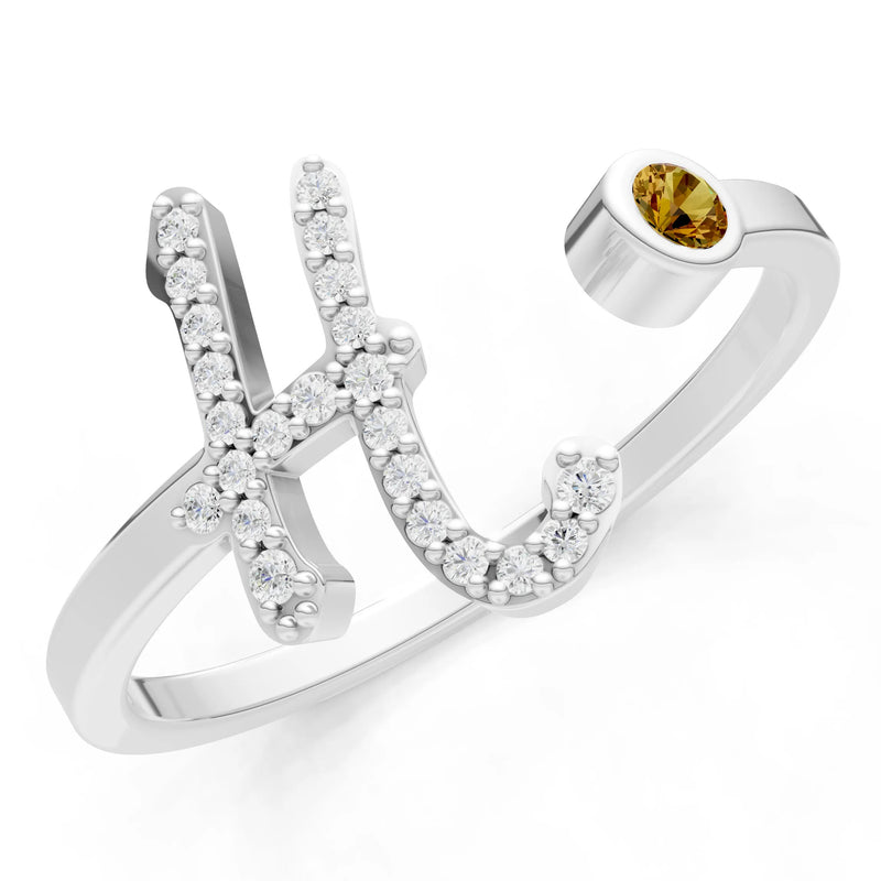 Citrine Dainty Initial Letter Birthstone Open Ring – H