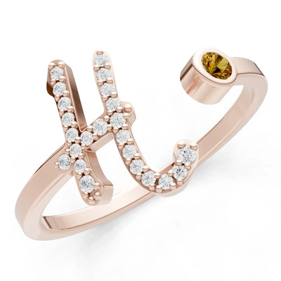 Citrine Dainty Initial Letter Birthstone Open Ring – H