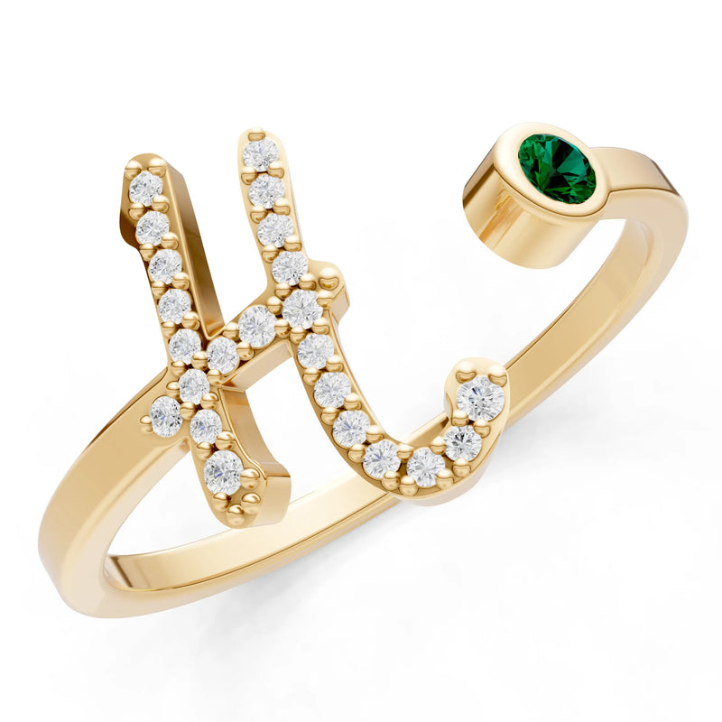Emerald Dainty Initial Letter Birthstone Open Ring – H