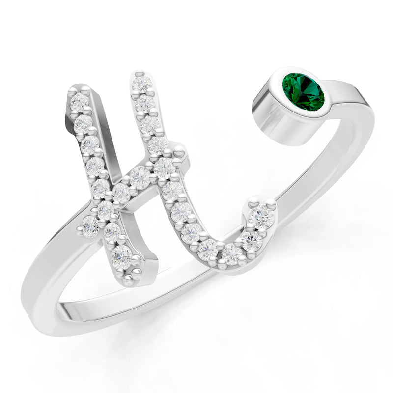Emerald Dainty Initial Letter Birthstone Open Ring – H