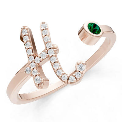 Emerald Dainty Initial Letter Birthstone Open Ring – H