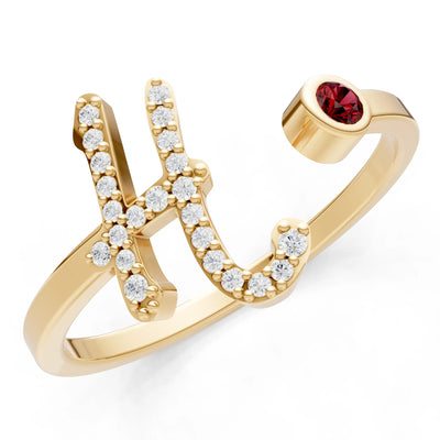 Dainty Initial Letter Birthstone Open Ring – H