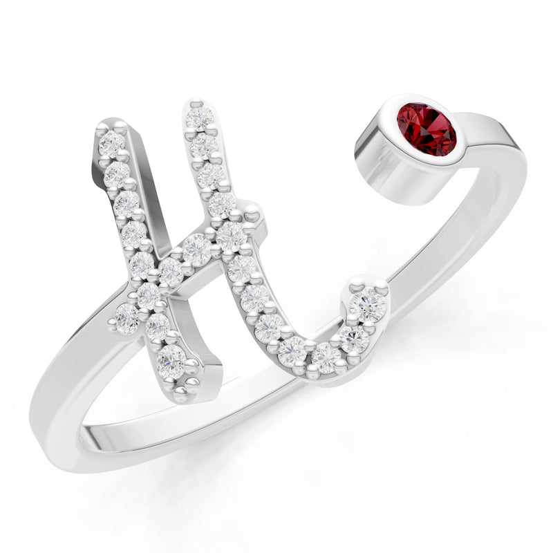 Dainty Initial Letter Birthstone Open Ring – H