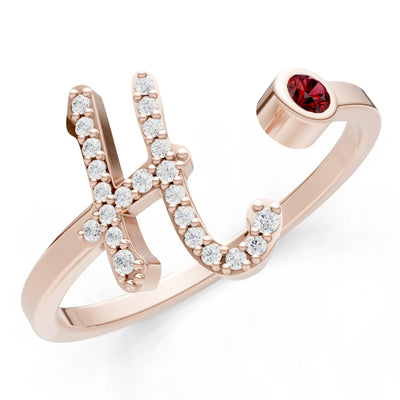 Dainty Initial Letter Birthstone Open Ring – H