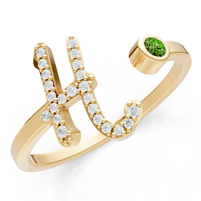 Dainty Initial Letter Birthstone Open Ring – H