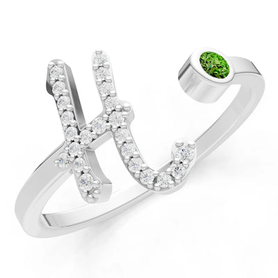 Dainty Initial Letter Birthstone Open Ring – H