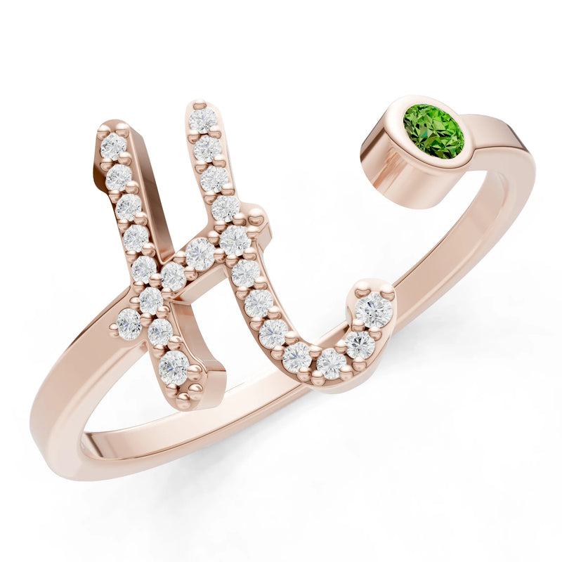 Dainty Initial Letter Birthstone Open Ring – H