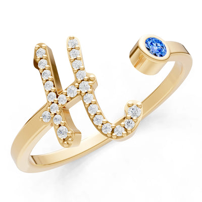 Swiss Blue Topaz Dainty Initial Letter Birthstone Open Ring – H