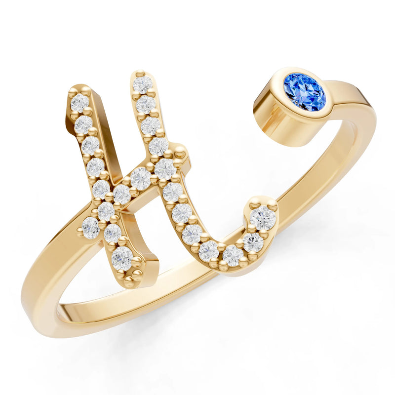Swiss Blue Topaz Dainty Initial Letter Birthstone Open Ring – H