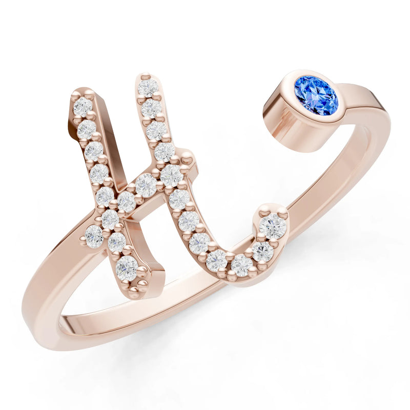 Swiss Blue Topaz Dainty Initial Letter Birthstone Open Ring – H