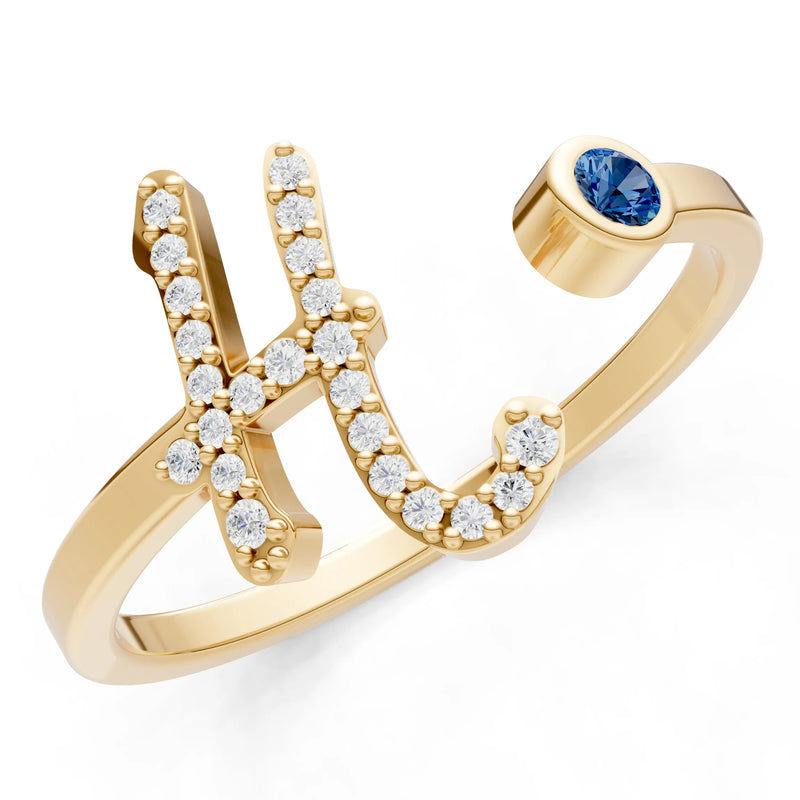 London Blue Topaz Dainty Initial Letter Birthstone Open Ring – H