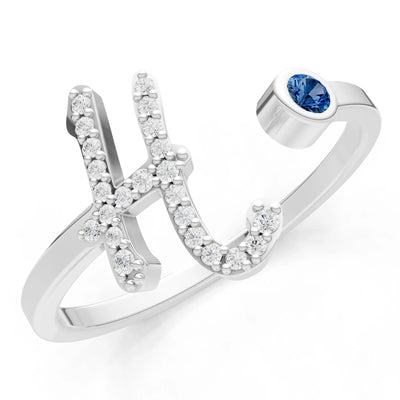 Dainty Initial Letter Birthstone Open Ring – H