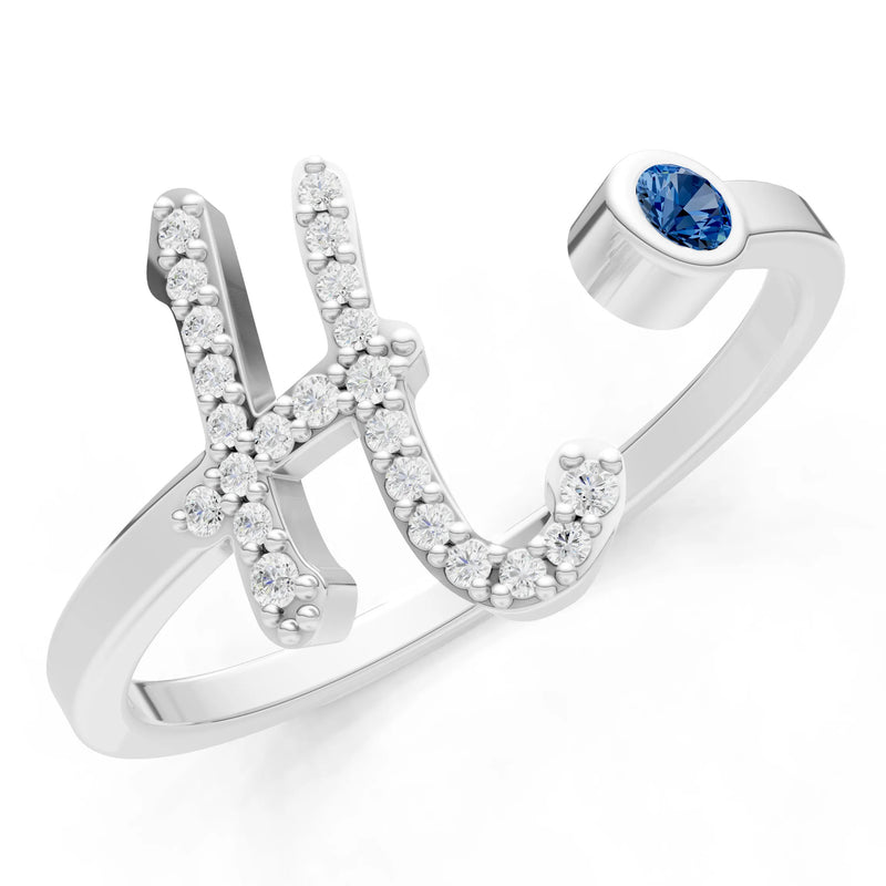 London Blue Topaz Dainty Initial Letter Birthstone Open Ring – H