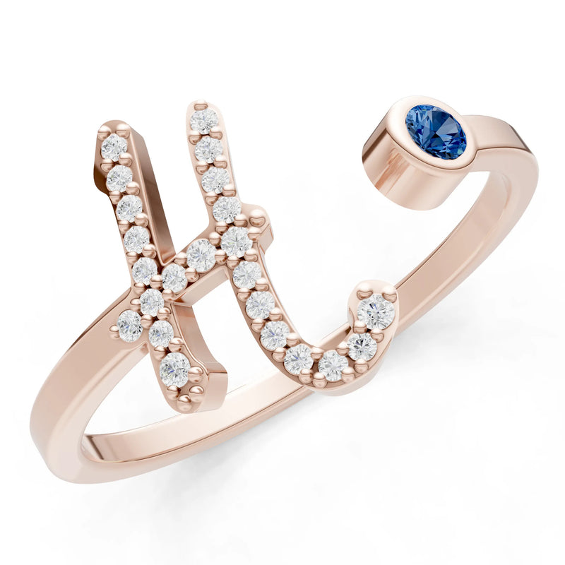 London Blue Topaz Dainty Initial Letter Birthstone Open Ring – H