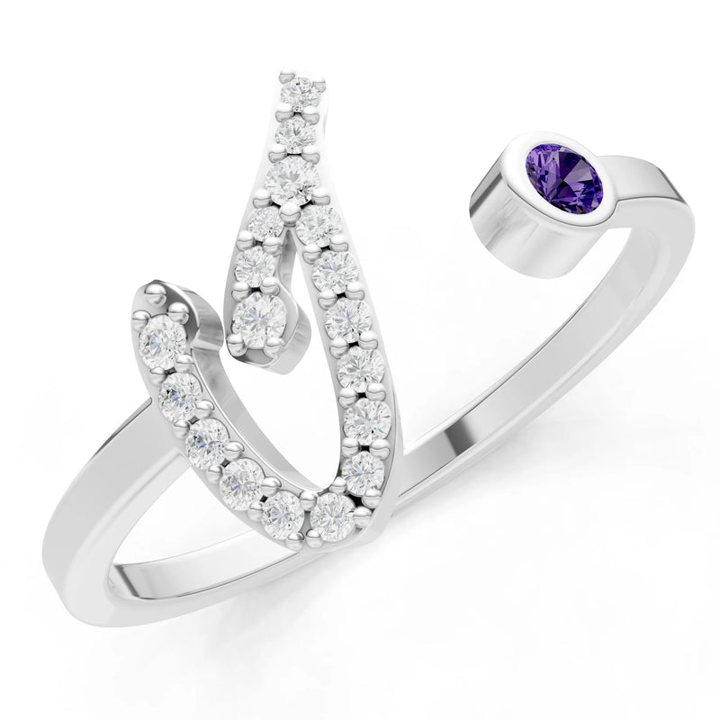Dainty Initial Letter Birthstone Open Ring – I