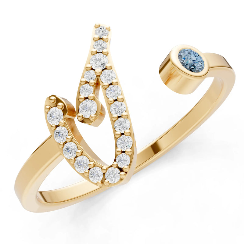 Aquamarine Dainty Initial Letter Birthstone Open Ring – I