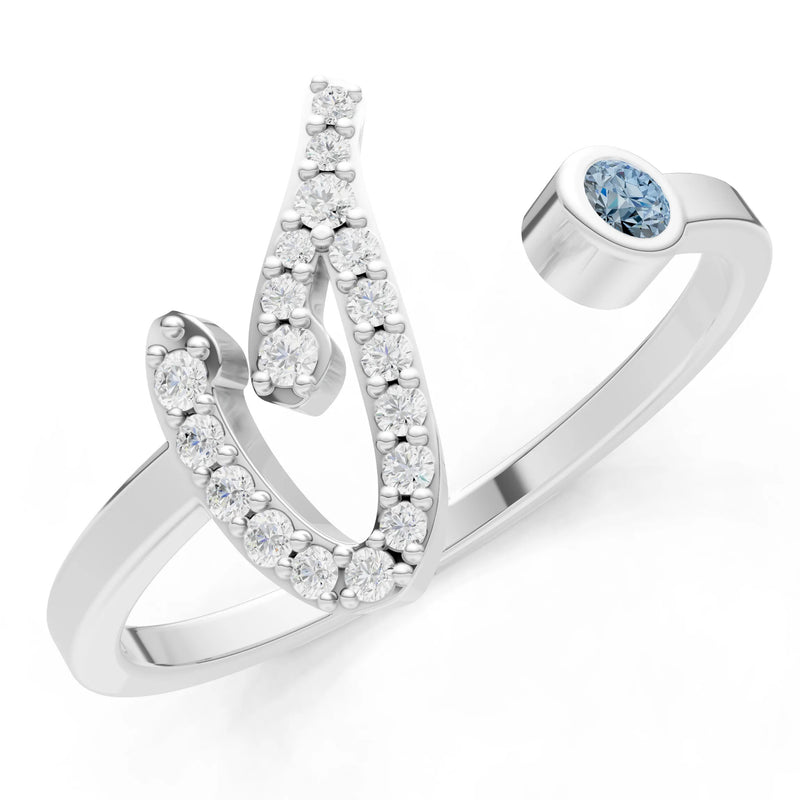 Aquamarine Dainty Initial Letter Birthstone Open Ring – I
