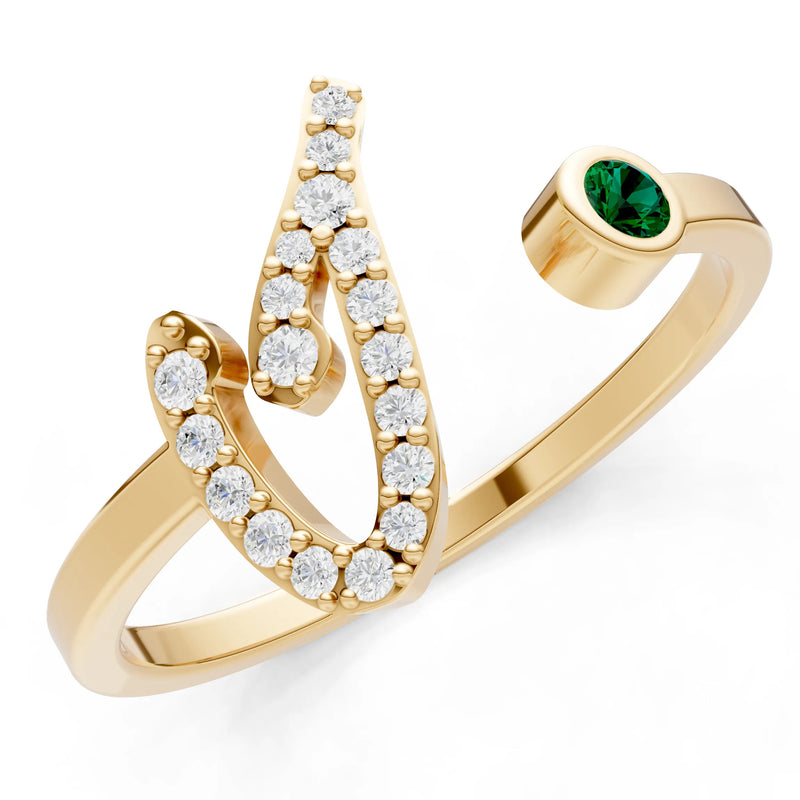 Emerald Dainty Initial Letter Birthstone Open Ring – I