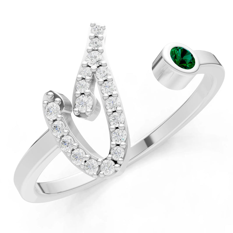 Emerald Dainty Initial Letter Birthstone Open Ring – I