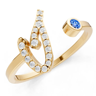 Swiss Blue Topaz Dainty Initial Letter Birthstone Open Ring – I