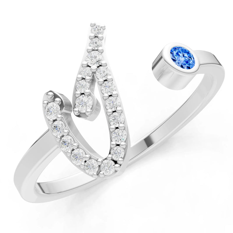 Swiss Blue Topaz Dainty Initial Letter Birthstone Open Ring – I