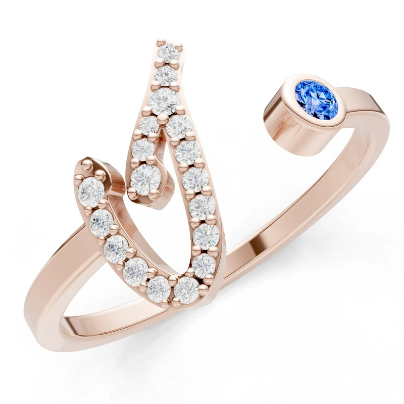 Swiss Blue Topaz Dainty Initial Letter Birthstone Open Ring – I