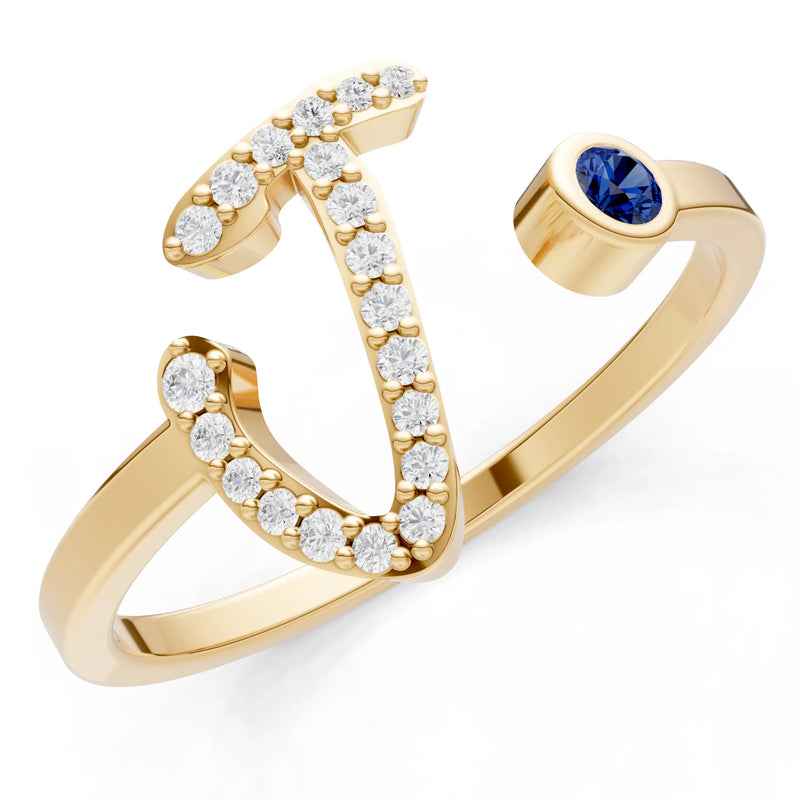 Dainty Initial Letter Birthstone Open Ring – J