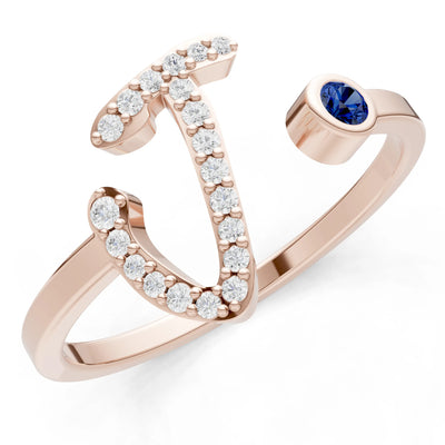 Dainty Initial Letter Birthstone Open Ring – J