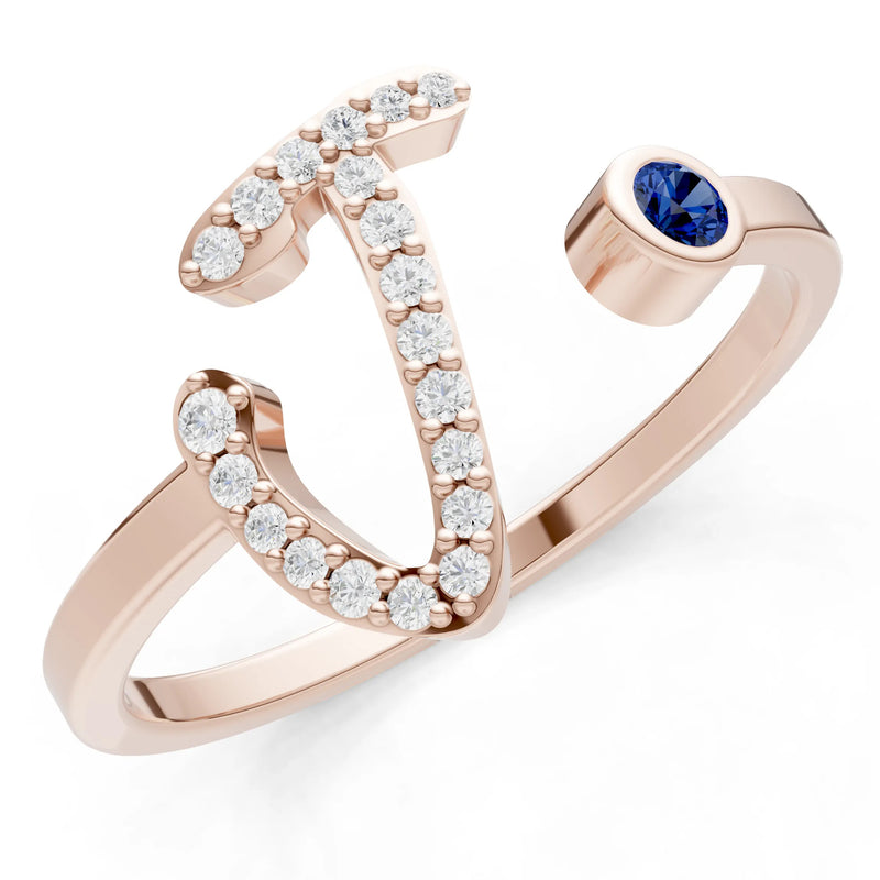 Dainty Initial Letter Birthstone Open Ring – J