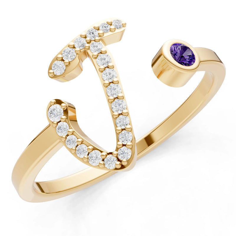 Dainty Initial Letter Birthstone Open Ring – J